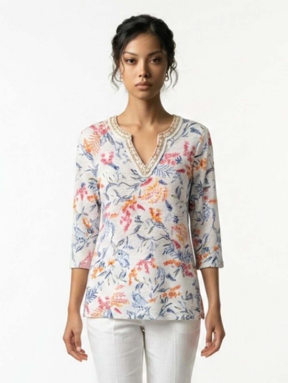 Chico's Floral V-Neck Tunic in White with Blue, Pink and Yellow Accents Beaded
